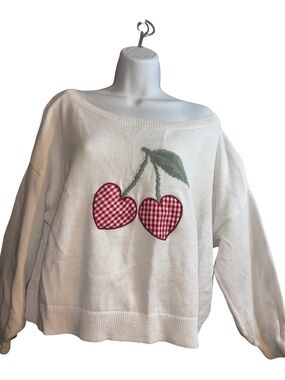 Hollister Cream Off-Shoulder Sweater with Red Gingham Cherry Appliqués